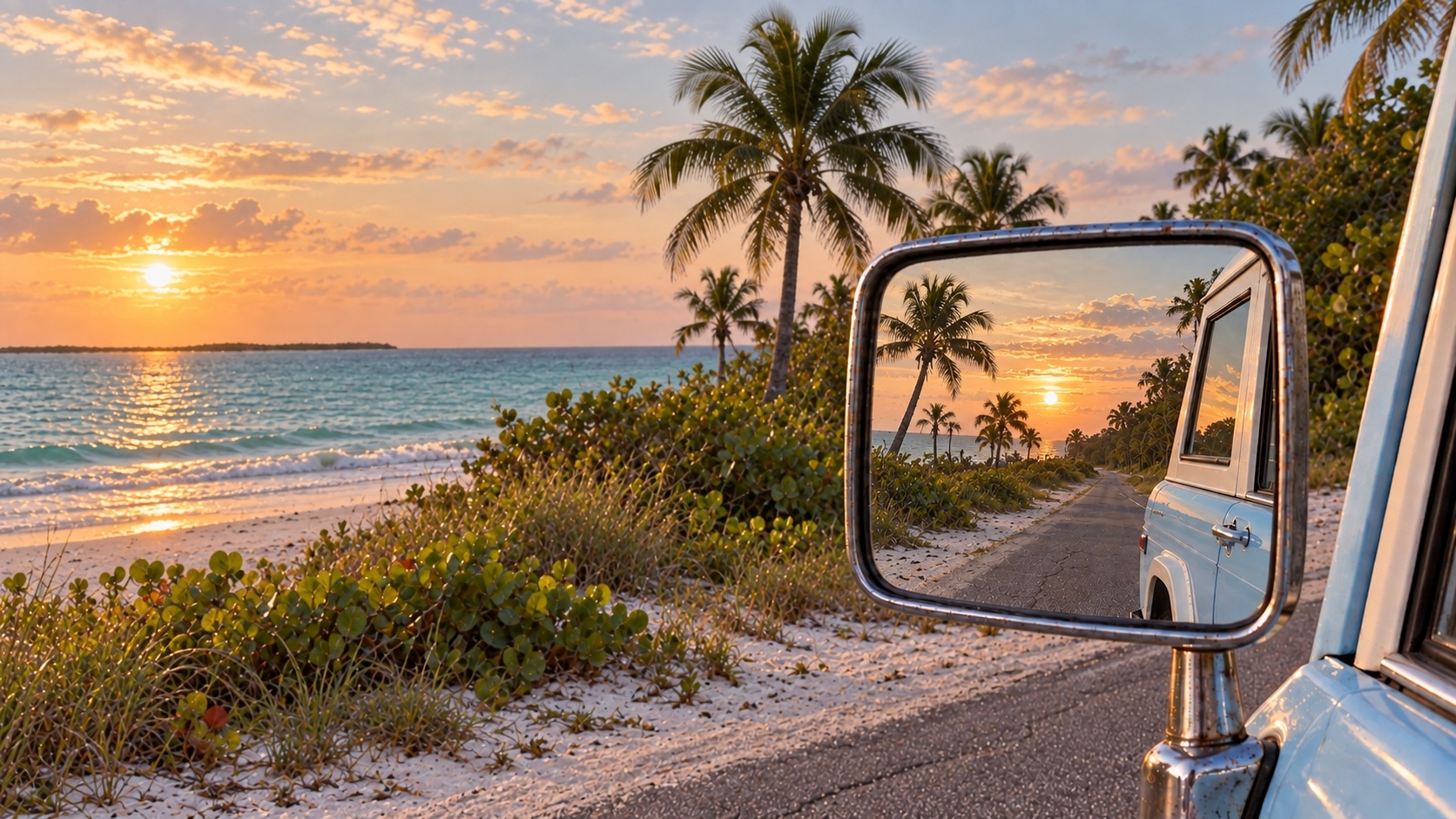 A vintage baby-blue Ford Bronco partially reflected in its chrome side mirror beside a Florida-style white sand beach at sunset.
